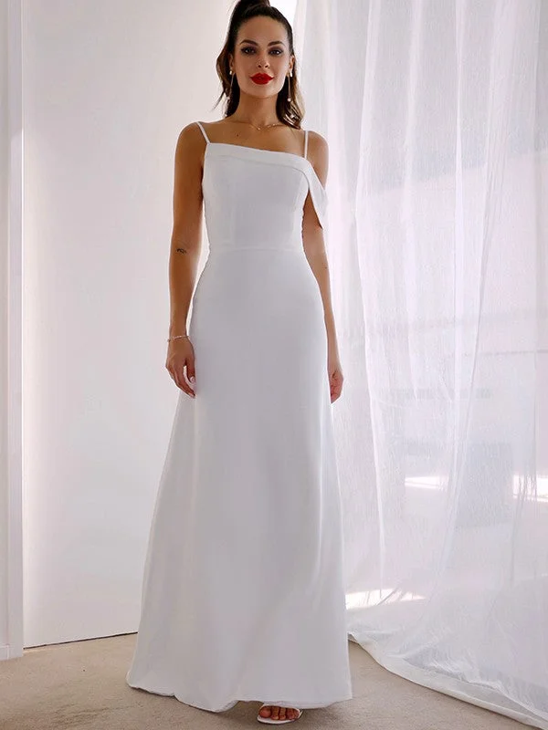 Elegant Women's Attire Sheath/Column Spaghetti Straps Satin Sleeveless Ruched Floor-Length Wedding Dresses