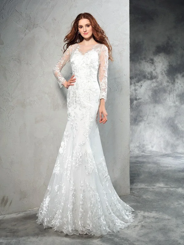 Women's Clothing Outfit Set Sheath/Column Sheer Neck Lace Long Sleeves Long Net Wedding Dresses