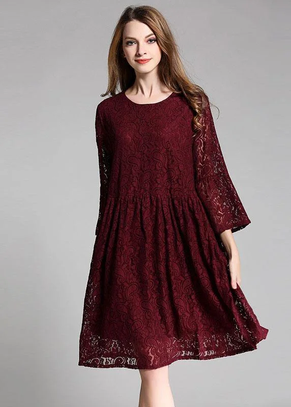 Women's Casual Garments Loose Mulberry Lace Wrinkled Spring Long Dress Three Quarter Sleeve