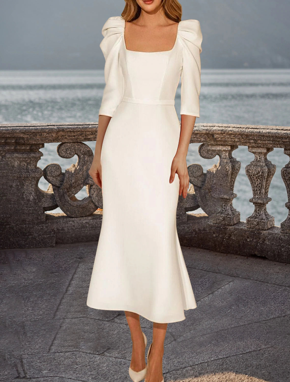 Women's Travel Apparel Reception Vintage 1940s / 1950s Simple Wedding Dresses Wedding Dresses A-Line V Neck 3/4 Length Sleeve Tea Length Satin Bridal Gowns With Solid Color