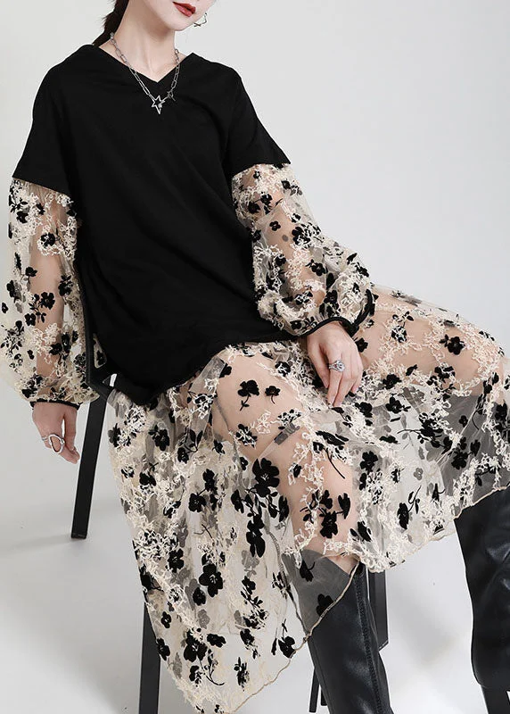 Women's Fashionable Clothing Sets Art Black V Neck Patchwork Pockets Print Fall Vacation Dresses Long sleeve