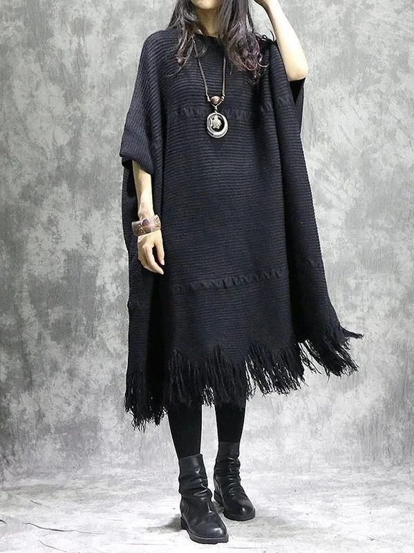 Women's Fashionable Attire For Work Knitted black Sweater dress outfit DIY o neck tassel Mujer sweater dress