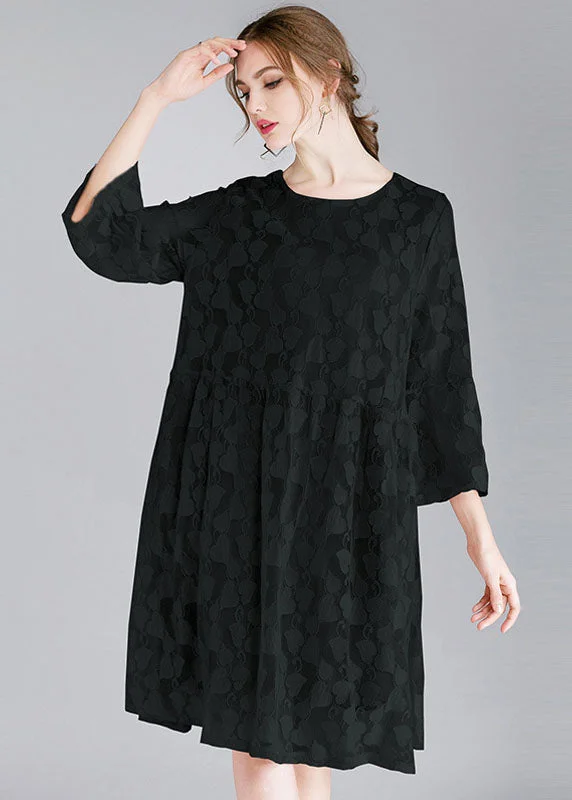 Women's Athleisure Apparel Art Black O-Neck bracelet sleeved Day Dress Fall Lace Dress