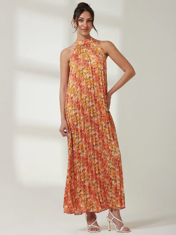 Casual Clothing For Women Halter Neck Pleated Maxi Dress, Orange Multi