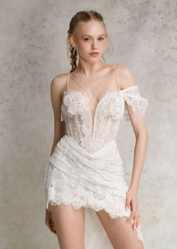 Women's Elegant Outfit Short Tulle Wedding Dresses Mini Pearls Lace Appliques Bride Dress Vestido Branco Wedding Gowns Lace-up Back Robe De Mariée