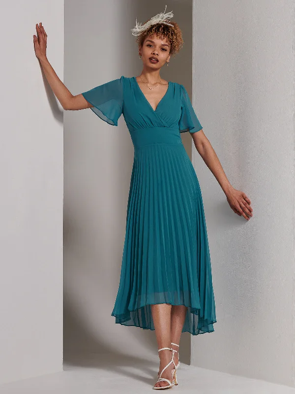 Women's Vintage Garments Elene Pleated High Low Chiffon Maxi Dress, Teal