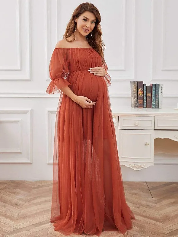 Timeless Women's Garments Sheer Off-Shoulder Double Skirt Maxi Maternity Dress