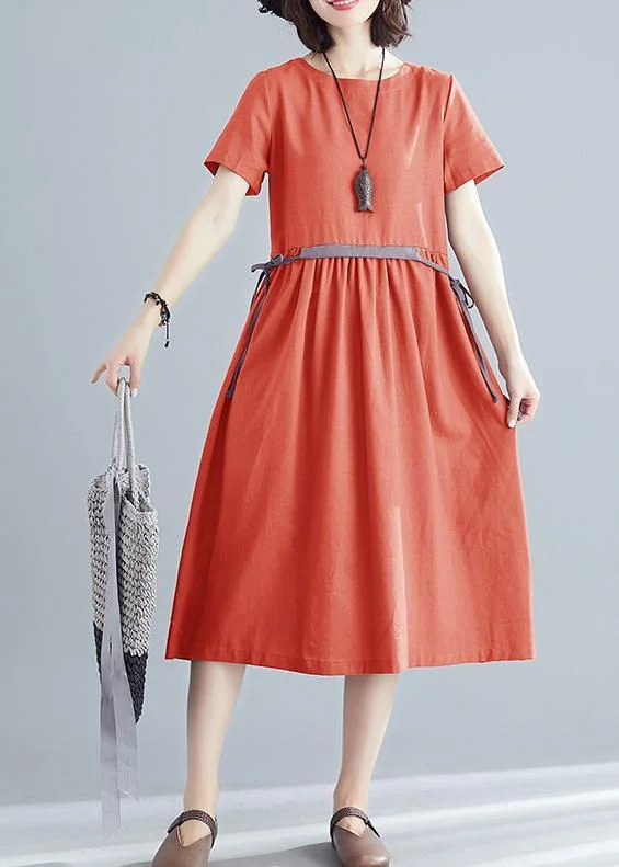 Women's Holiday Attire Vivid orange red cotton linen clothes For Women o neck tie waist Robe summer Dress