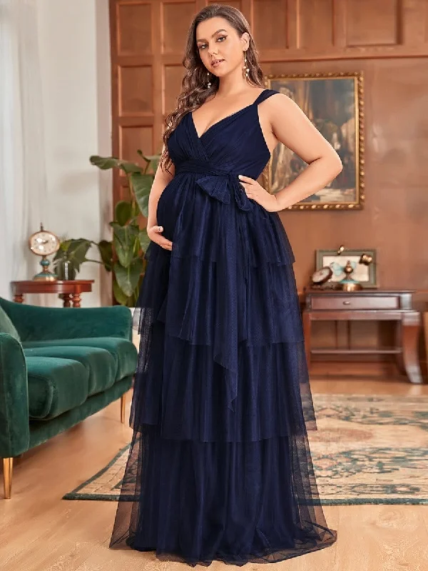 Women's Clothing For Special Occasions Plus Size Tie Waist V-Neck Tiered Floor-length Maternity Dress