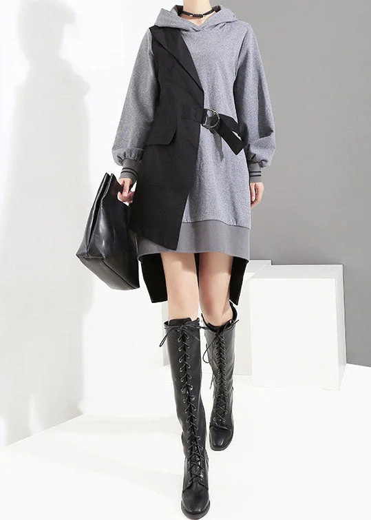 Women's Clothing Sets Style Grey low high design tie waist Hooded Patchwork Dresses Spring