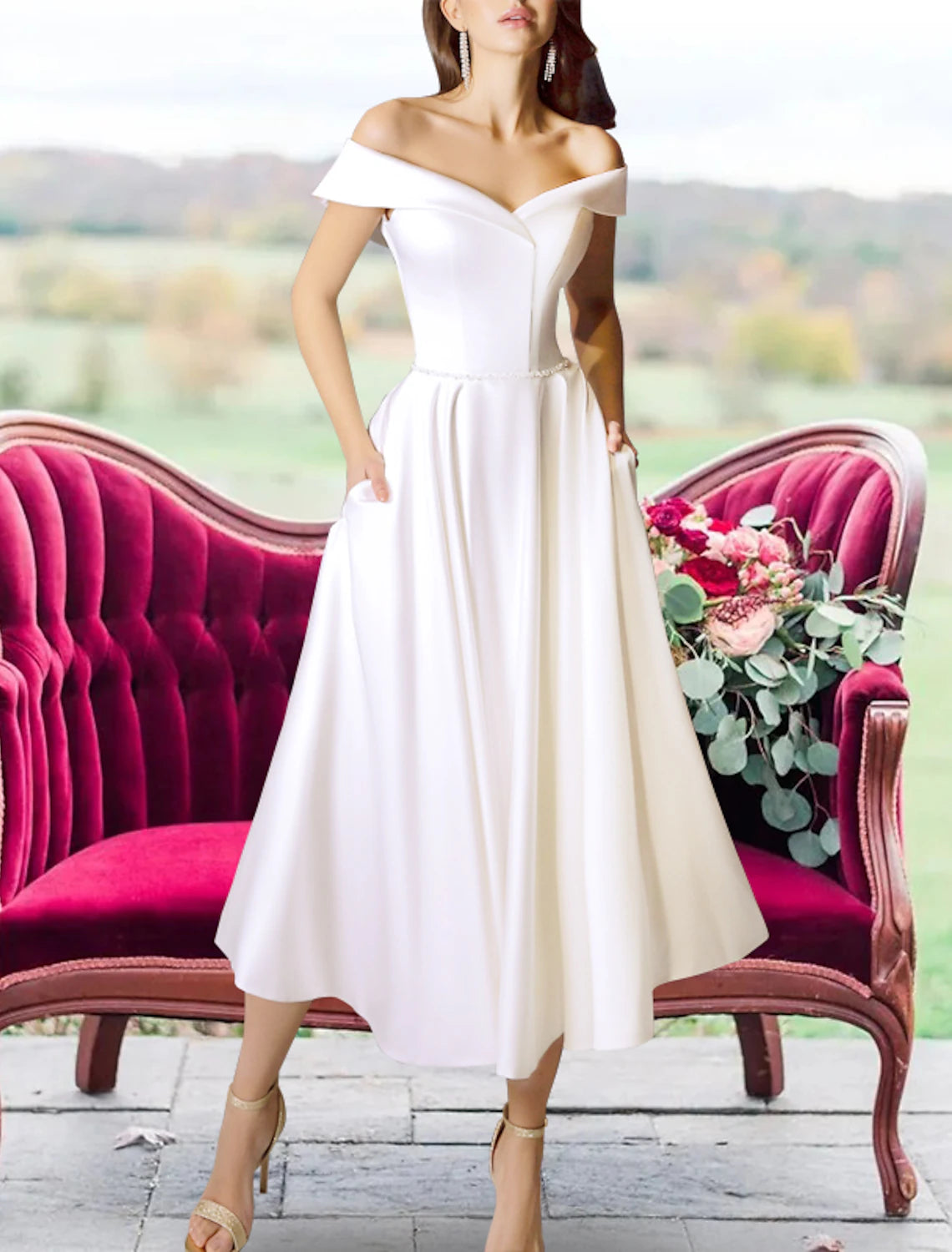 Women's Wedding Apparel Reception Little White Dresses Wedding Dresses A-Line Off Shoulder Cap Sleeve Tea Length Satin Bridal Gowns With Sashes / Ribbons