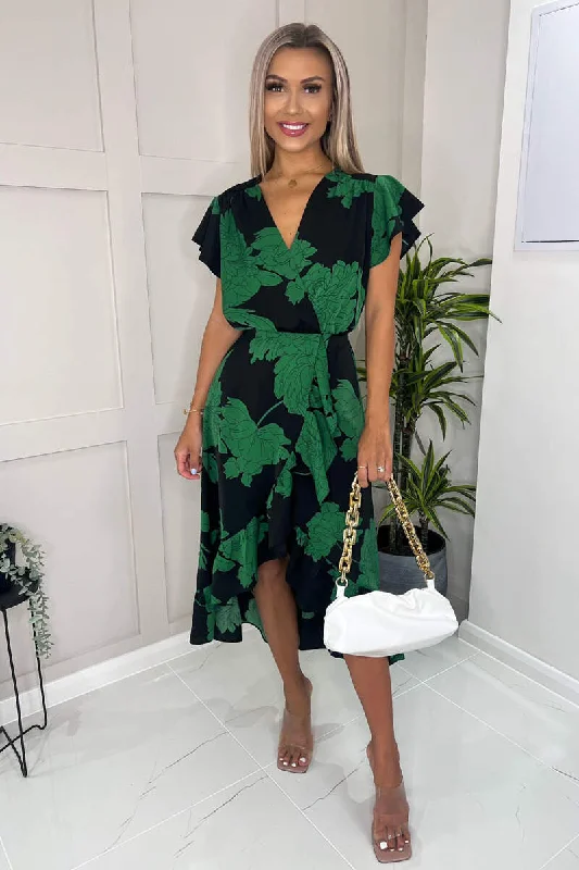 Women's Stylish Professional Apparel Tina Black and Green Floral Print Wrap Midi Dress