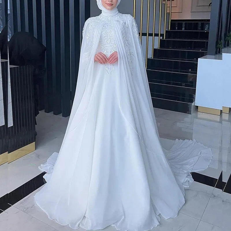 Fashionable Women's Casual Apparel Elegant Muslim Wedding Dresses with Cape High Neck Long Sleeves Sweep Train Chiffon Appliques Beading Hijab Bride Bridal Gowns