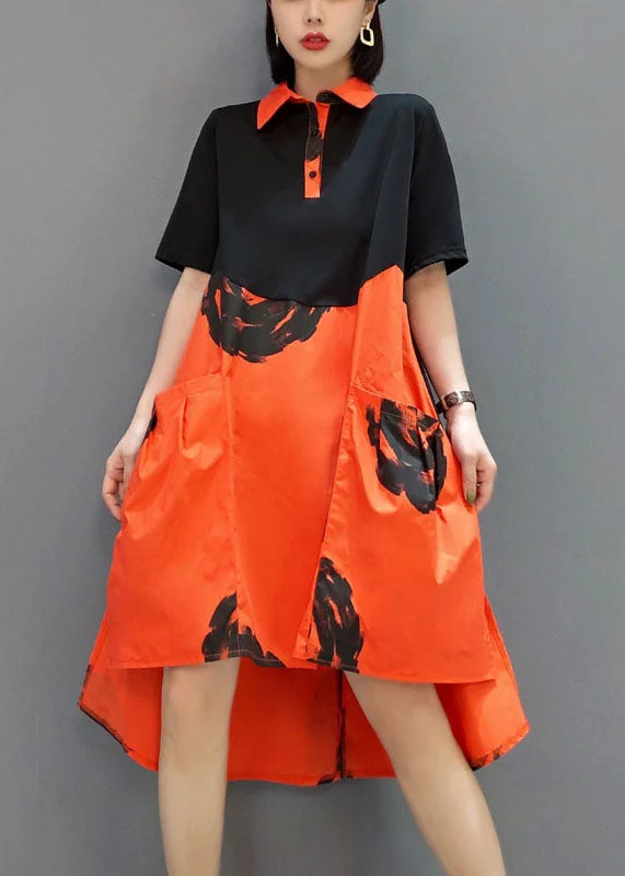 Women's Evening Outfit Stylish black Orange button Peter Pan Collar shirt Dresses Spring