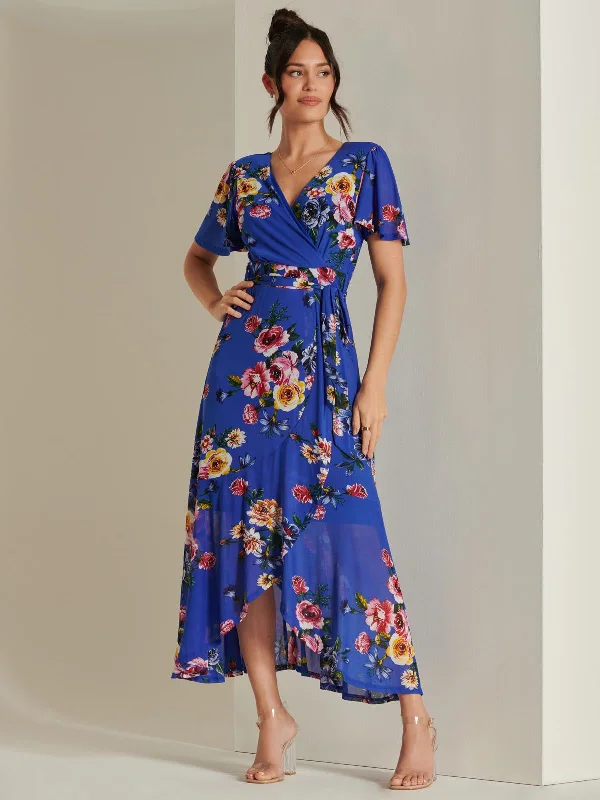 Comfortable Outfit For Women Frill Dip Hem Mesh Maxi Dress, Royal Floral