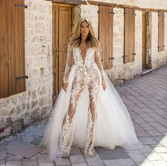 Women's Travel Outfit Set Lace Wedding Jumpsuit Wedding Dresses A-line Long Sleeves Tulle Boho Wedding Gown Bridal Jumpsuit Vestidos De Novia