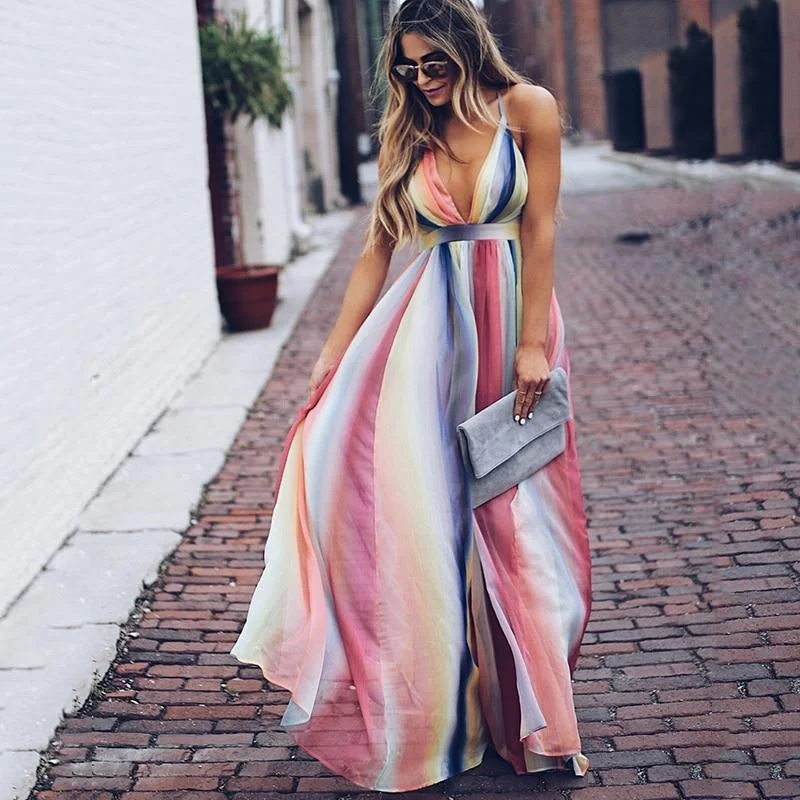 Women's Garments FashionSierra - Halter long chiffon dress Bohemian rainbow printed women maxi dress Fashion v neck club party dresses vestidos mujer