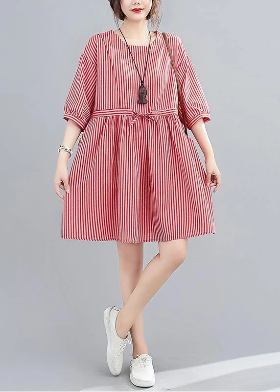 Women's Everyday Apparel Elegant o neck pockets summer Work Outfits red striped Dress