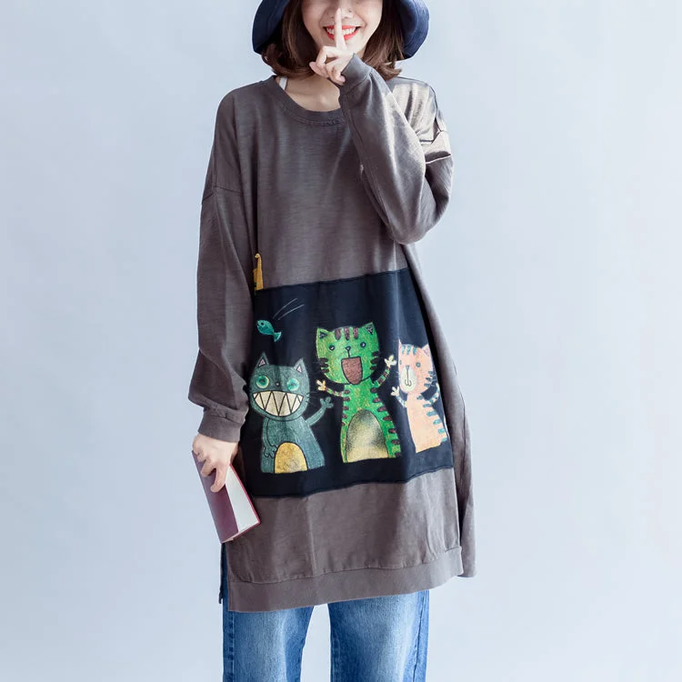 Modern Women's Clothes Three happy cats print cotton dresses oversized sweat dress pullover