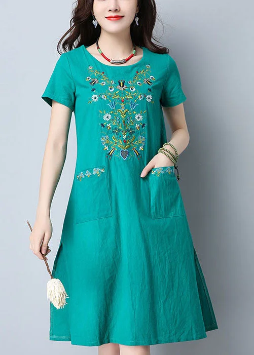 Chic Women's Outfit Women Green O-Neck Side Open Embroideried Pockets Cotton Dresses Short Sleeve