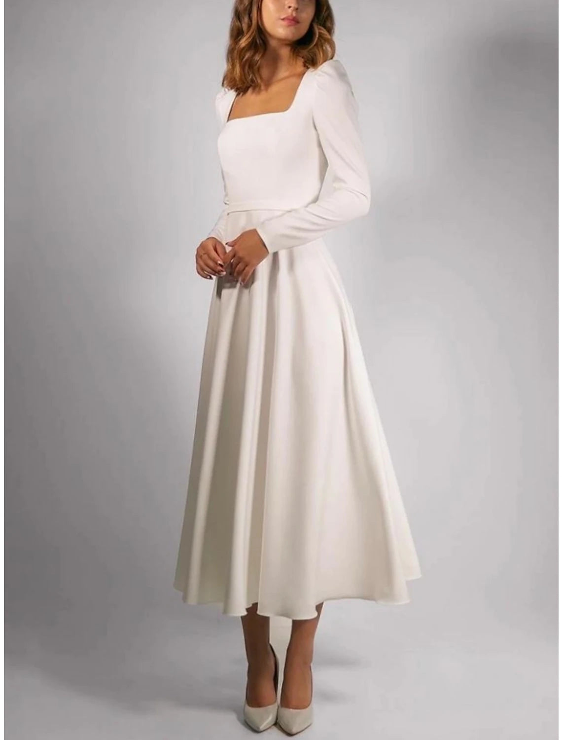 Women's Evening Apparel Simple Wedding Dresses A-Line Square Neck Long Sleeve Tea Length Stretch Fabric Bridal Gowns With Pleats Solid Color