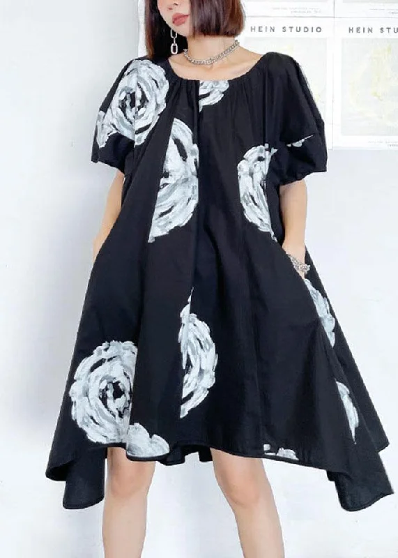 Women's Plus-Size Casual Outfit Unique Black Print O neck Cotton Puff Sleeve Mini Dress summer