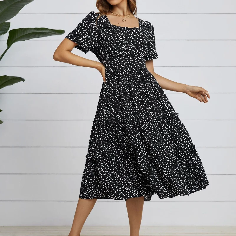 Women's Date Night Outfit DressBetty - Women Summer Dress Square Collar Short Puff Sleeve Floral Dresses