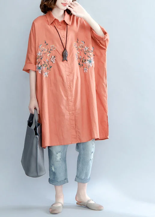 Women's Stylish Professional Garments Women orange red linen crane tops Plus Size Tutorials lapel embroidery Summer shirt