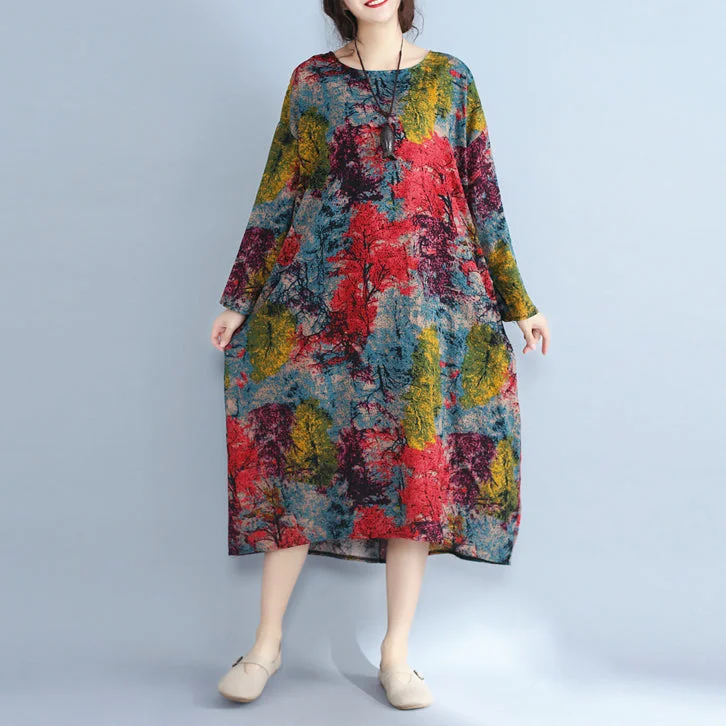 Women's Night-Out Clothes Baggy Multi-Color Natural Linen Dress Plus Size Prints Gown Fine O Neck Caftans