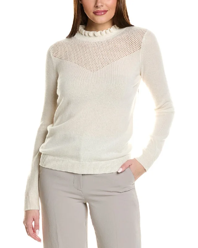 Women's Tailored Outfit sofiacashmere Ruffle Mock Neck Mesh Stitch Cashmere Sweater