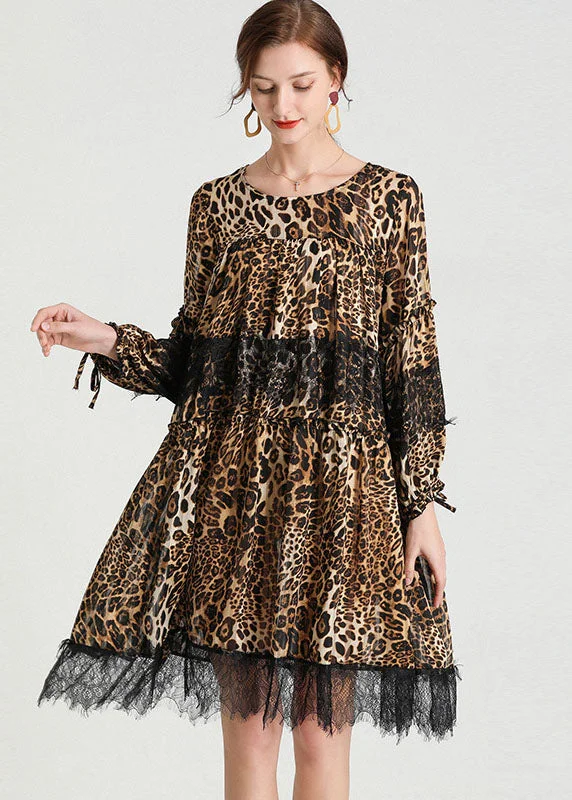 Women's Work Outfit For The Office Fashion Leopard Patchwork Lace Fall Chiffon Dress