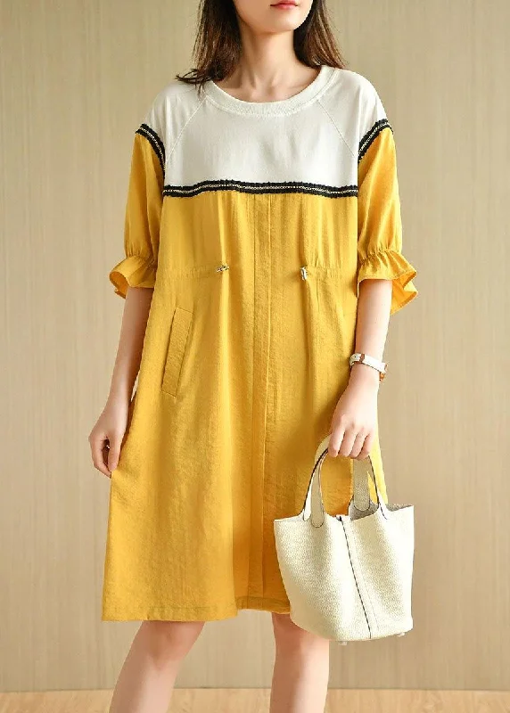 Elegant Women's Attire Casual Yellow Tie Waist Pockets Patchwork Summer Vacation Dress Half Sleeve