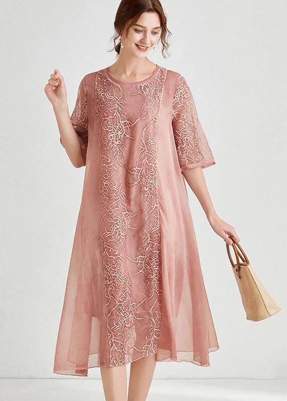 Stylish Women's Attire Beautiful Pink Embroideried Patchwork Chiffon Dress Half Sleeve