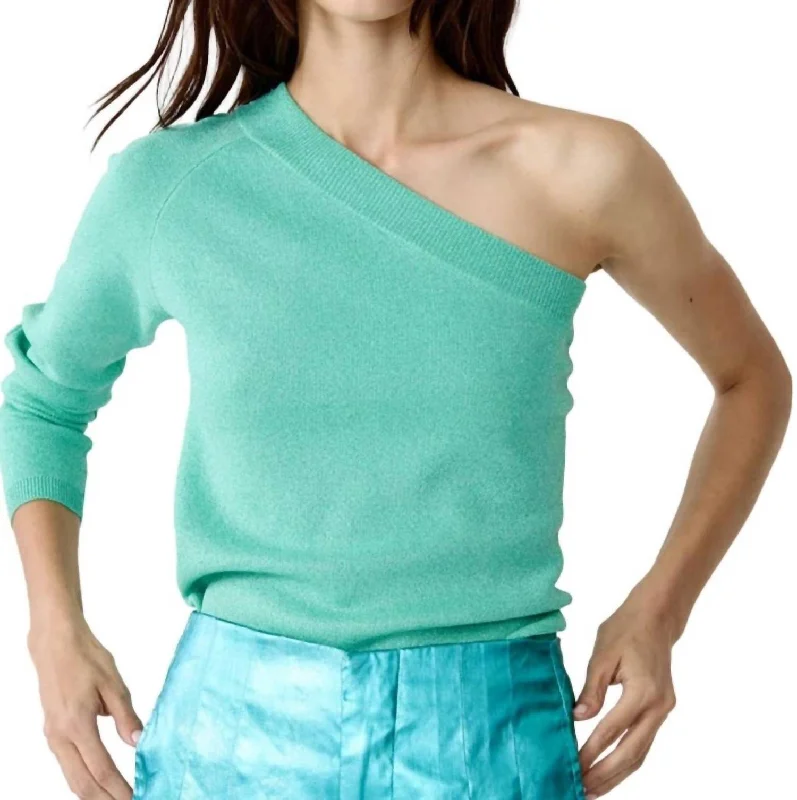 Women's Holiday Clothing One Shoulder Glitter Knitted Top In Turquoise