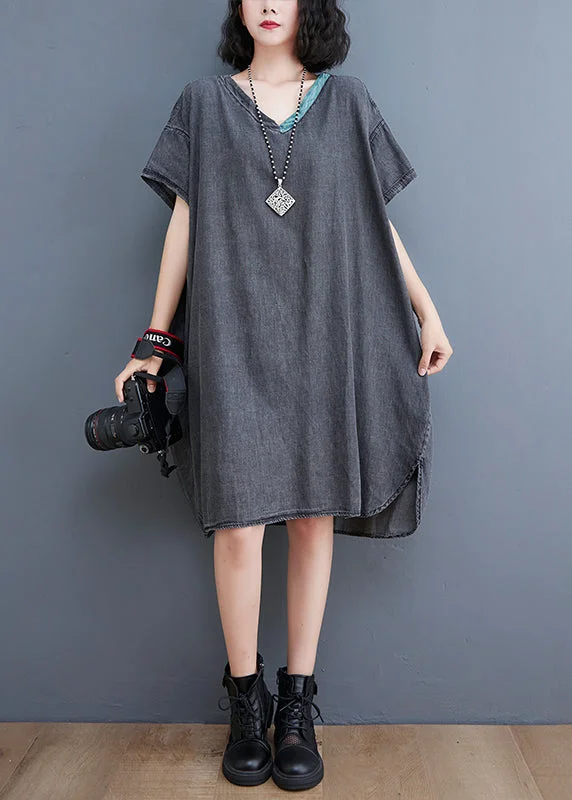 Women's Vacation Outfit Set Boutique Black V Neck Patchwork low high design Denim Dresses Short Sleeve