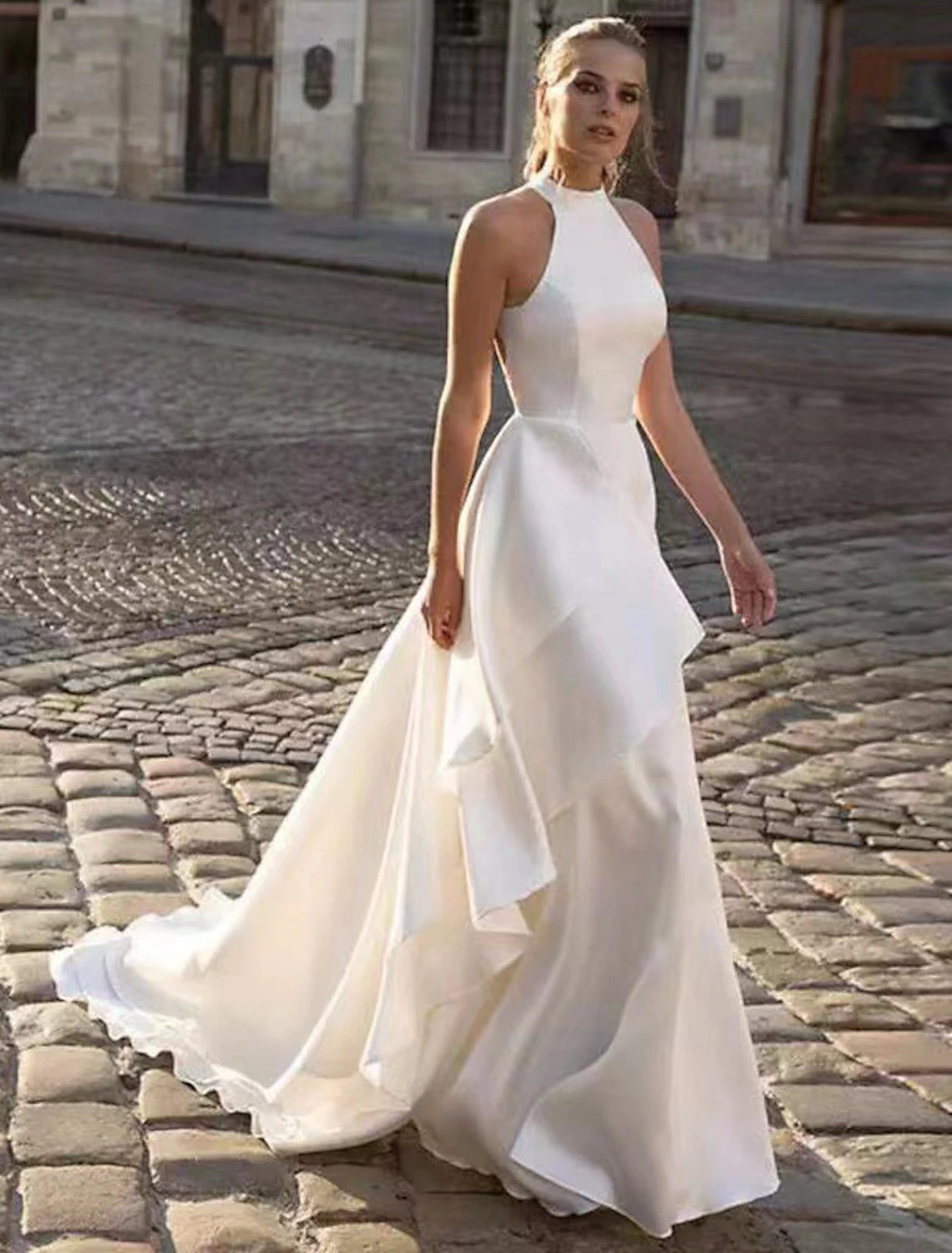 Women's Transitional Attire Reception Open Back Casual Wedding Dresses A-Line Halter Sleeveless Court Train Satin Bridal Gowns With Solid Color Summer Fall Wedding Party