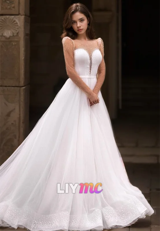 Luxury Women's Clothing V-Neck Long Sleeves Beaded Tulle A-Line Wedding Dress