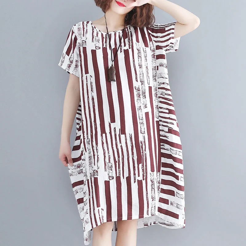 Women's Clothes And Garments fashion red pure cotton blended dress plus size holiday dresses women short sleeve Geometric O neck asymmetric cotton blended clothing