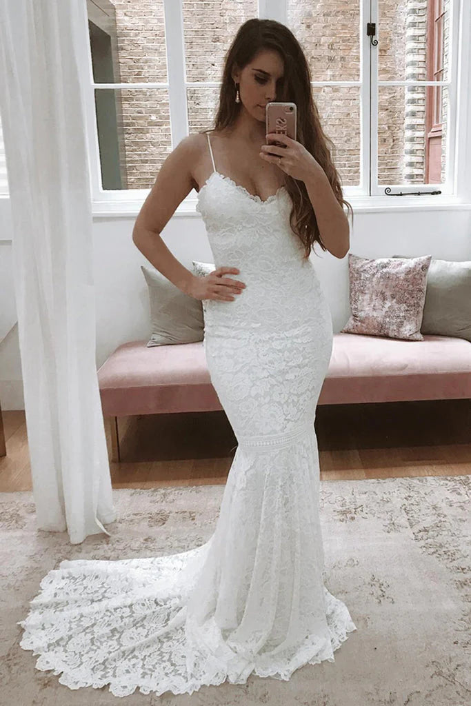 Women's Elegant Clothing Sets Sexy Wedding Dresses V Neck Back Hole Full Lace Mermaid