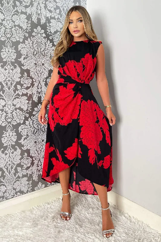 Women's Activewear Attire India Red and Black Floral Print Wrap Style Midi Dress