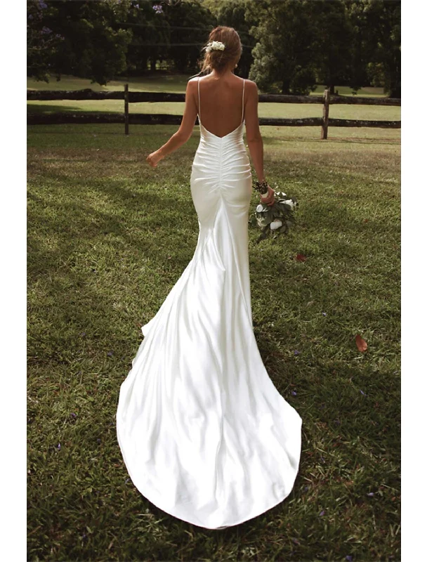 Comfortable Garments For Women Hall Casual Wedding Dresses Mermaid / Trumpet Spaghetti Strap Camisole Spaghetti Strap Court Train Satin Bridal Gowns With Ruched Split Front