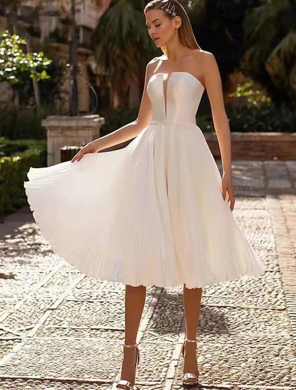 Women's Professional Attire Reception Little White Dresses Wedding Dresses A-Line Sweetheart Strapless Tea Length Satin Bridal Gowns With Sash / Ribbon Solid Color