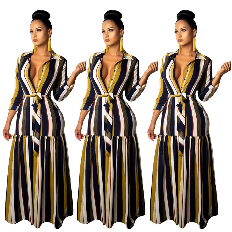 Women's Vintage-Inspired Outfit fashion stripe turn-down collar women long sleeve maxi dress bandage dresses 2020 New