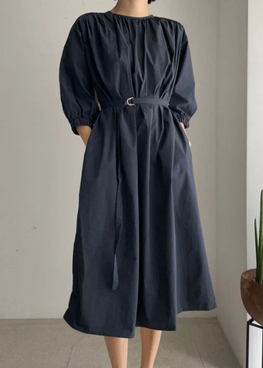 Women's Apparel Vintage Navy O-Neck tie waist Cotton Mid Dress Half Sleeve Long Dress