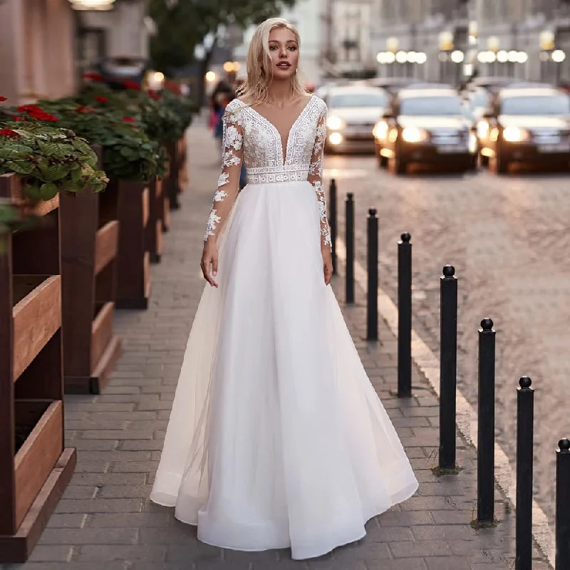 Women's Sports Apparel Bohemian Puff Tulle Wedding Dresses Long Sleeve Lace V Neck Bridal Gown Vestido De Novia Modest Wedding Party Gown