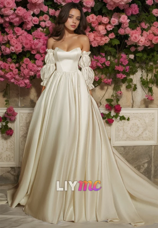 Women's Comfortable Garments V-Neck Strapless Pleated Sleek Satin A-Line Wedding Dress