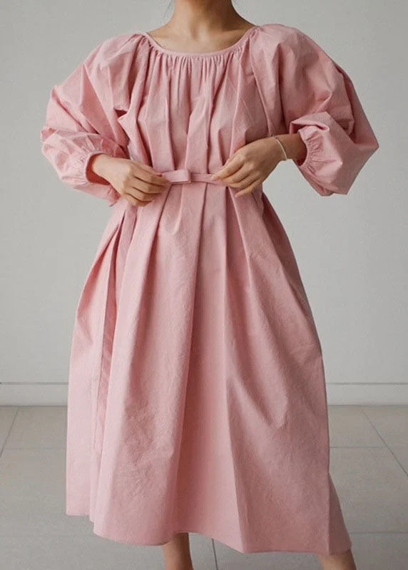 Women's Clothing Outfit Set Pink Cotton O-Neck wrinkled Maxi Dress Three Quarter sleeve