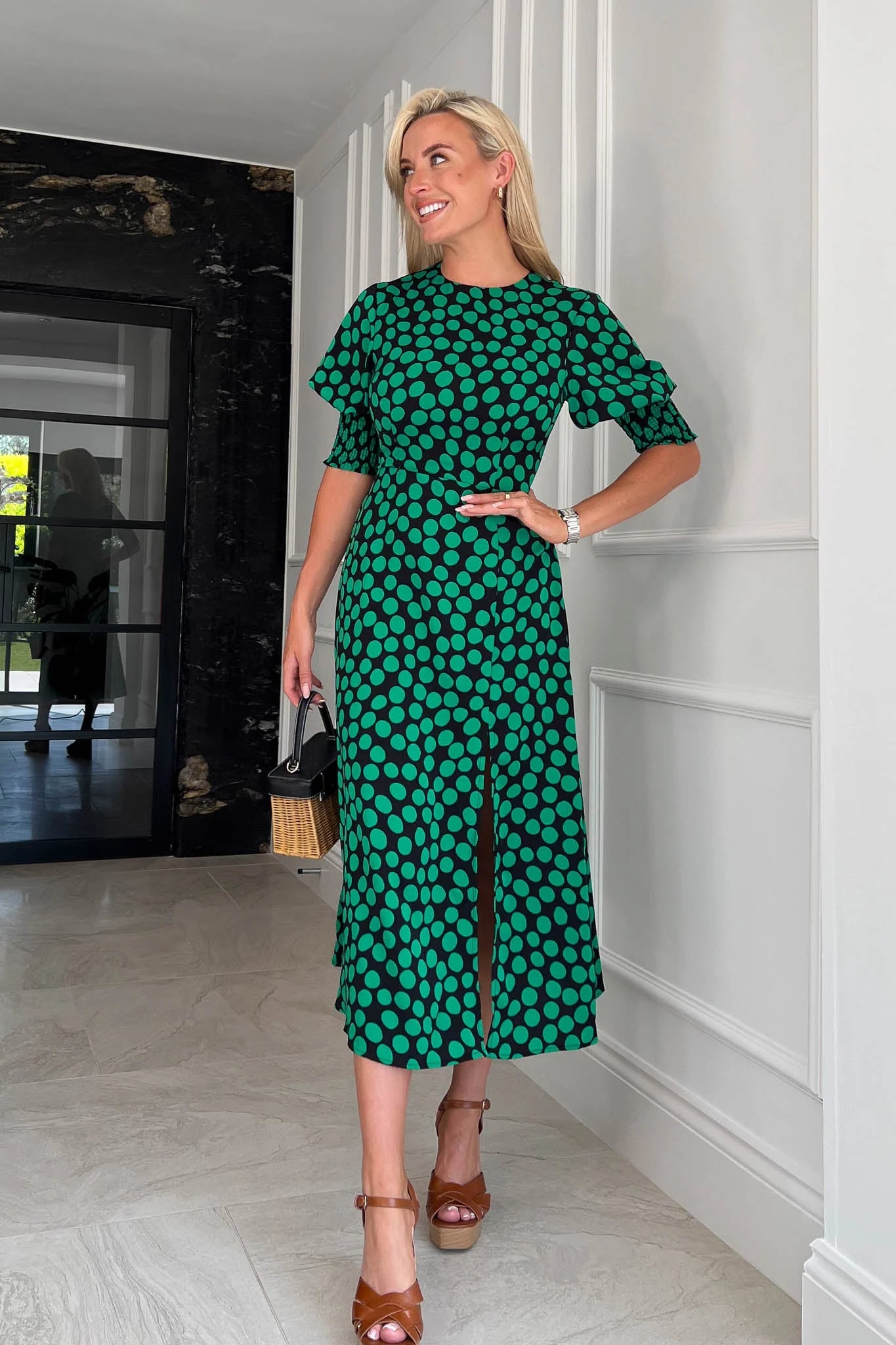 Elegant Women's Attire Bernie Green Polka Dot Shirred Cuff Midi Dress