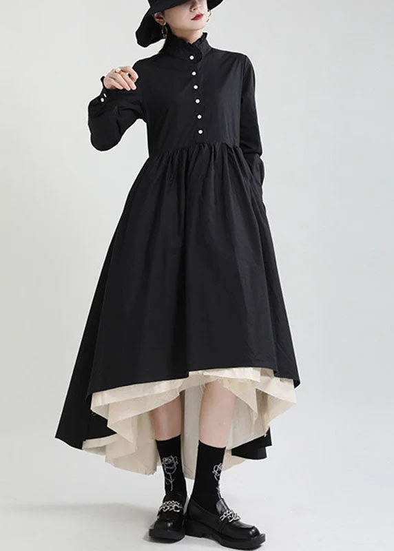 Women's Trendy Attire Women Black Button Patchwork asymmetrical design Fall Dresses Long sleeve