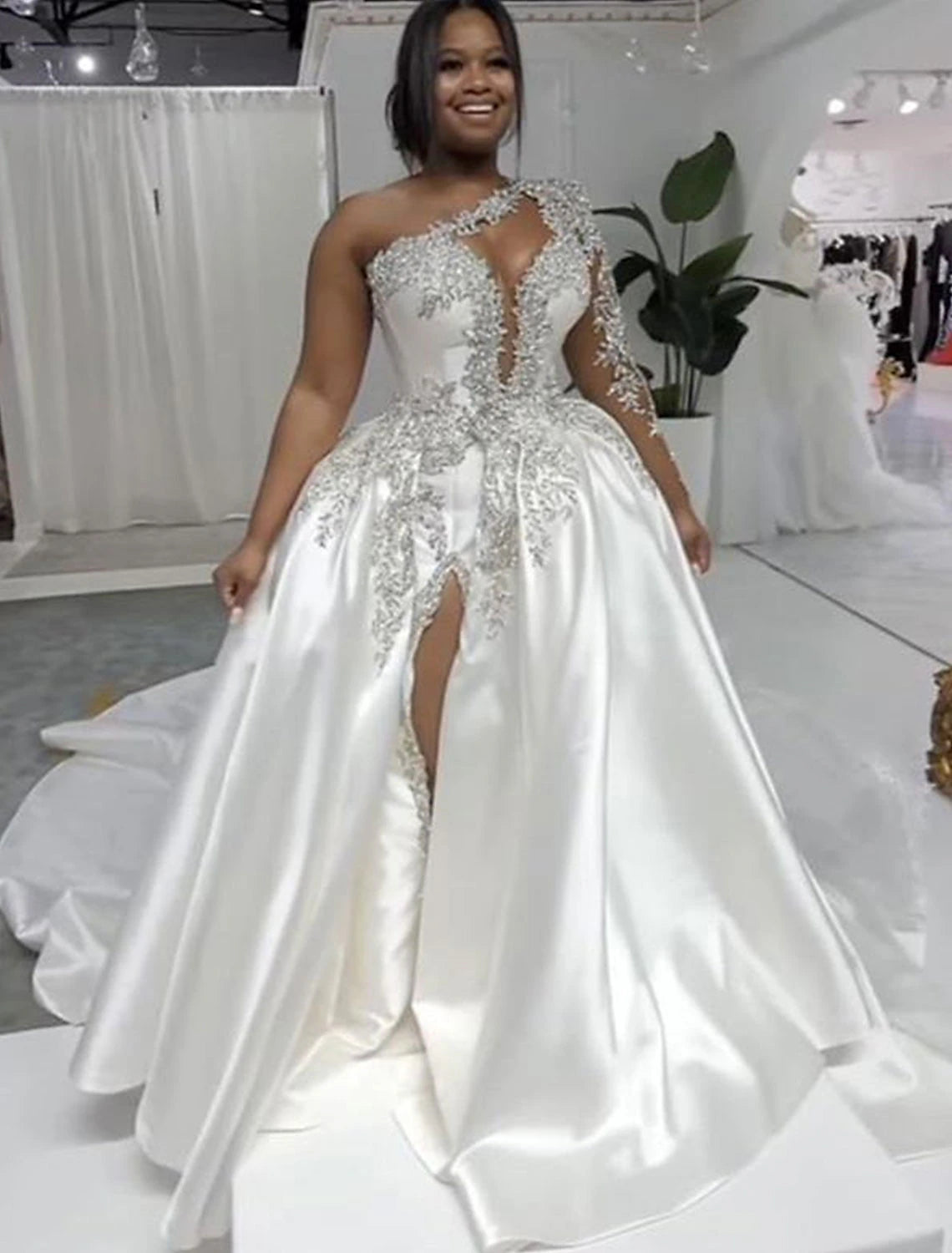 Women's Formal Event Clothing Formal Wedding Dresses Ball Gown One Shoulder Regular Straps Court Train Satin Bridal Gowns With Beading Split